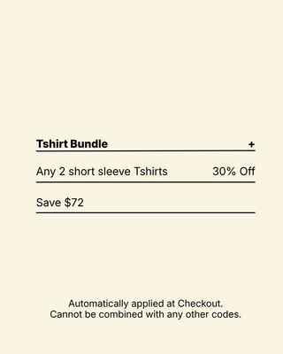 A digital coupon graphic on a light cream background with black text offering a T-shirt bundle discount: any 2 short sleeve T-shirts, 30% off, save $72, with additional text stating it is automatically applied at checkout.
