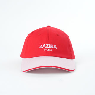 Red and white cap with 'ZAZIBA studio' logo on a white background