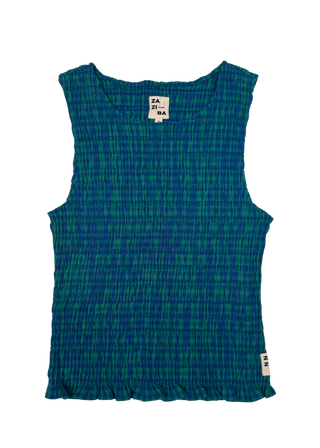Shirred Gingham Top - Blue Green Gingham