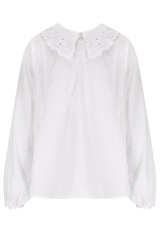 White blouse with a ruffled collar on a white background