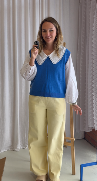 Blue Lolly Vest with zaza blouse