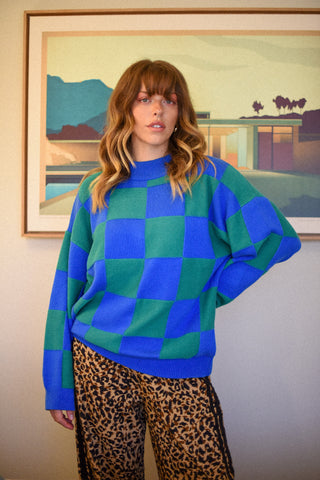 Person wearing a blue and green checkered sweater with leopard print pants in front of a framed painting.