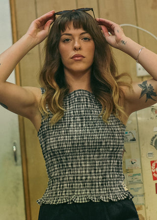 Shirred Gingham Top - Black White Gingham