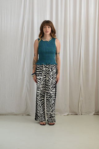 Shirred Gingham Top - Blue Green Gingham