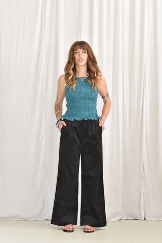 Shirred Gingham Top - Blue Green Gingham