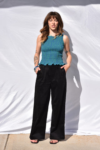 Shirred Gingham Top - Blue Green Gingham