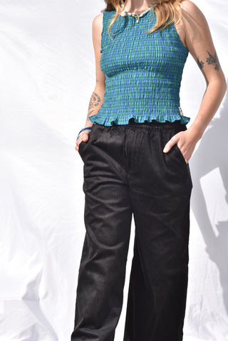 Shirred Gingham Top - Blue Green Gingham