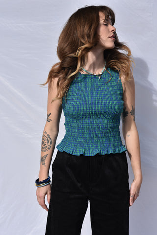 Shirred Gingham Top - Blue Green Gingham