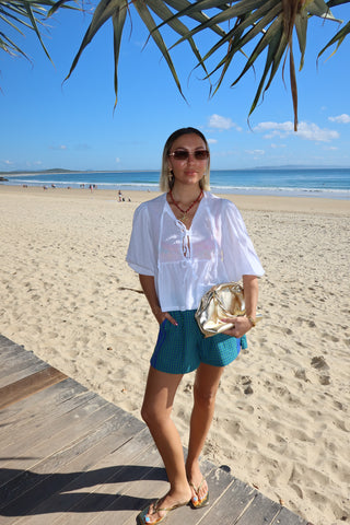 Mikki wearing Blue Green Gingham Shorts 