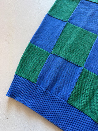Close-up of a blue and green checkered fabric texture