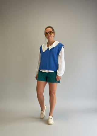 Person wearing a blue vest, white shirt, green shorts, and sunglasses on a plain background