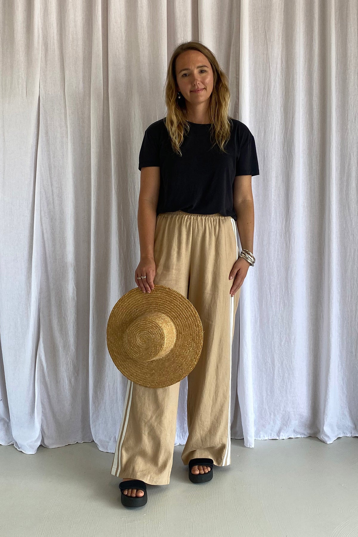 Jaya Linen Pant - Sand beige with white stripes down leg