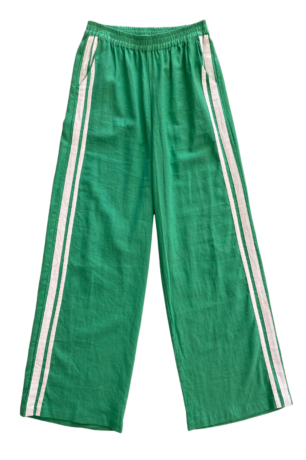 Jaya linen pant by zaziba studio green with white stripes down side
