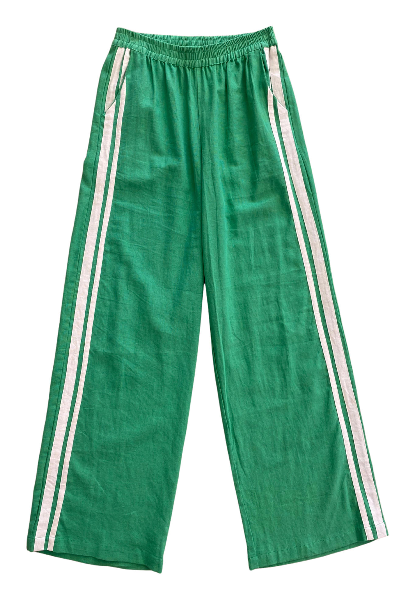 Jaya linen pant by zaziba studio green with white stripes down side
