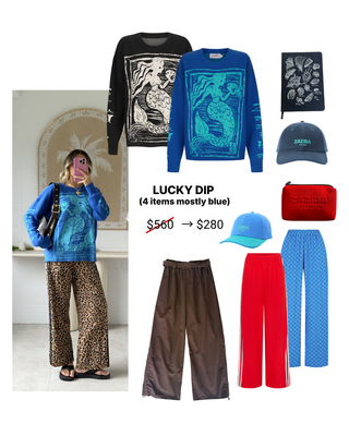 Collection of clothing items including sweaters, pants, and hats with a 'Lucky Dip' offer on a white background.