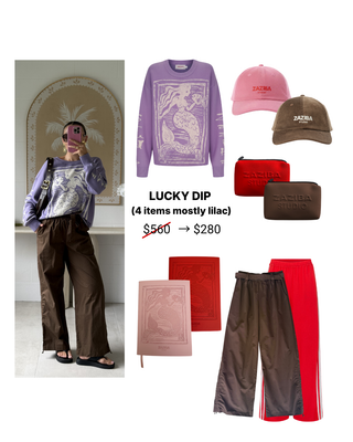 Collage of fashion items including a purple sweatshirt, pink cap, red pouch, and brown pants with a discount label.
