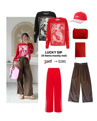 Collage of fashion items including a sweatshirt, pants, cap, and handbag with a discount label.