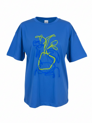 Blue t-shirt with a yellow graphic design on a white background