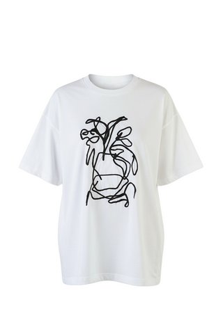 White t-shirt with black abstract design on a white background