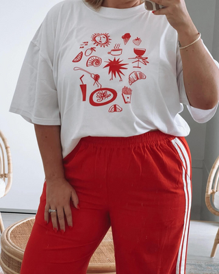 white tshirt with red print