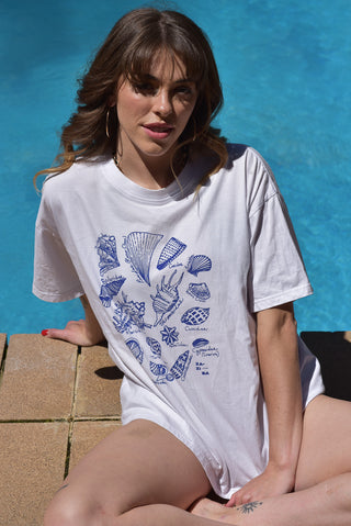 White tshirt with hand drawn seashells print