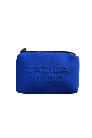 Blue pouch with 'Zaziba Studio' branding on a white background