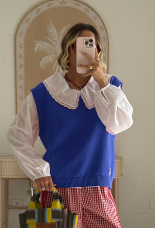 blue knitted lolly vest