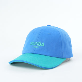 Blue and teal cap with 'Zaziba Studio' branding on a white background