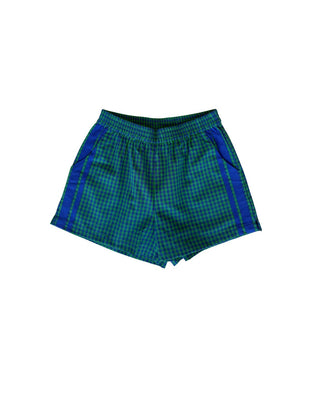 Green plaid shorts with blue accents on a white background