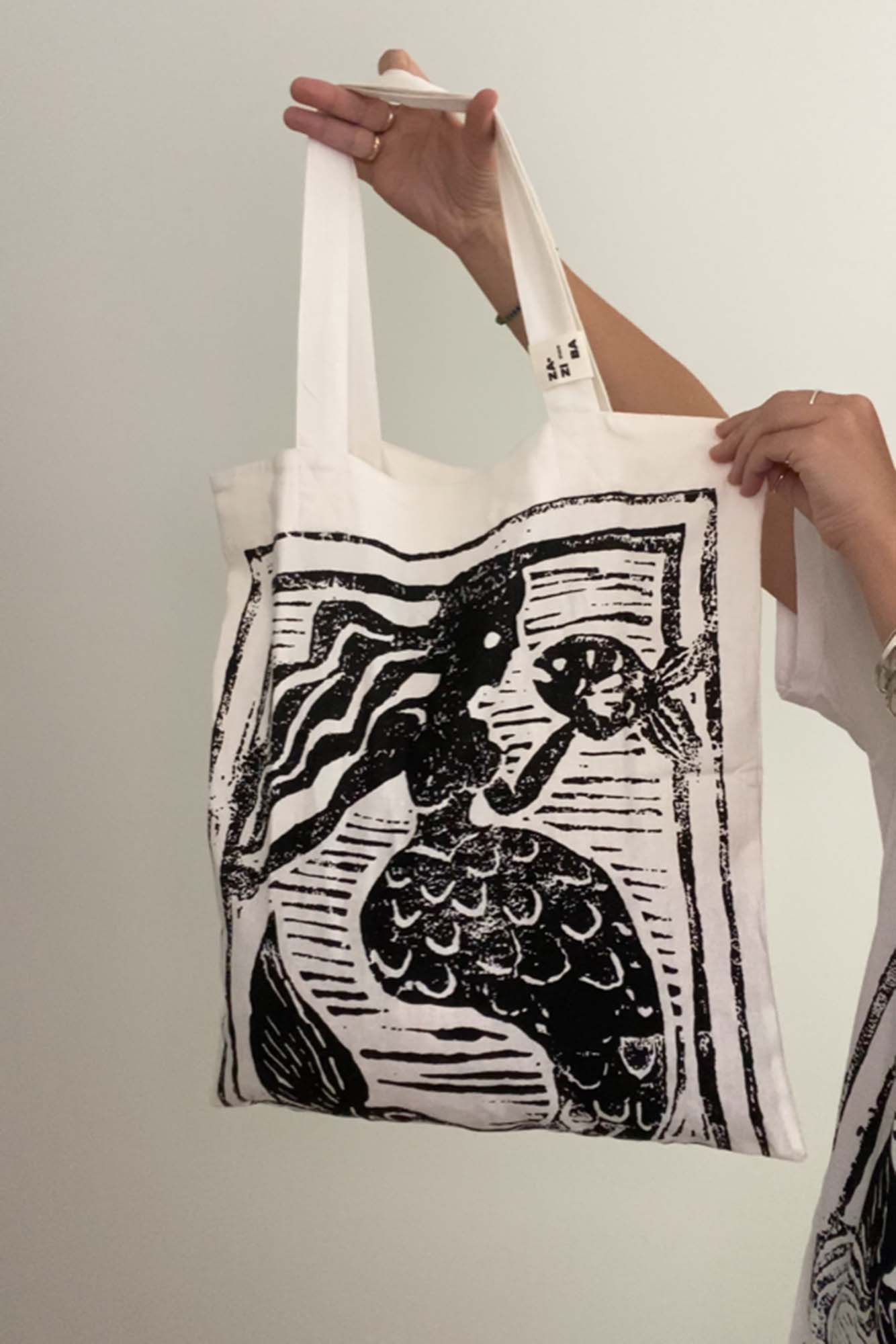 mermaid print linen tote bag