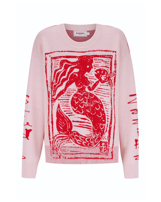 Pink sweater with red graphic design on a white background