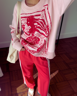 Person wearing a pink sweater with a red graphic design and red pants with white stripes indoors.