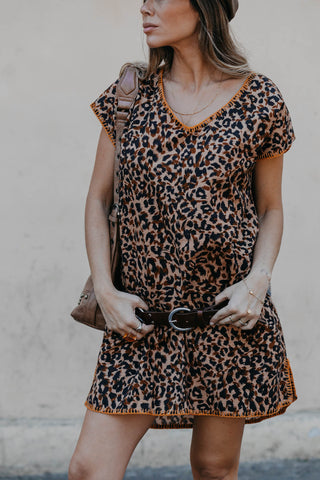 Cotton Shift Dress in Vogue animal print with 2 black side stripes by Zaziba Studio Australian fashion label