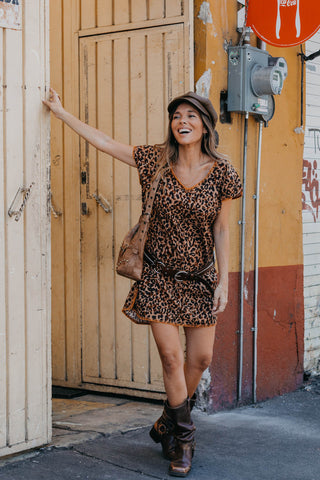 Cotton Shift Dress in Vogue animal print with 2 black side stripes by Zaziba Studio Australian fashion label