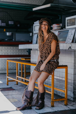Cotton Shift Dress in Vogue animal print with 2 black side stripes by Zaziba Studio Australian fashion label