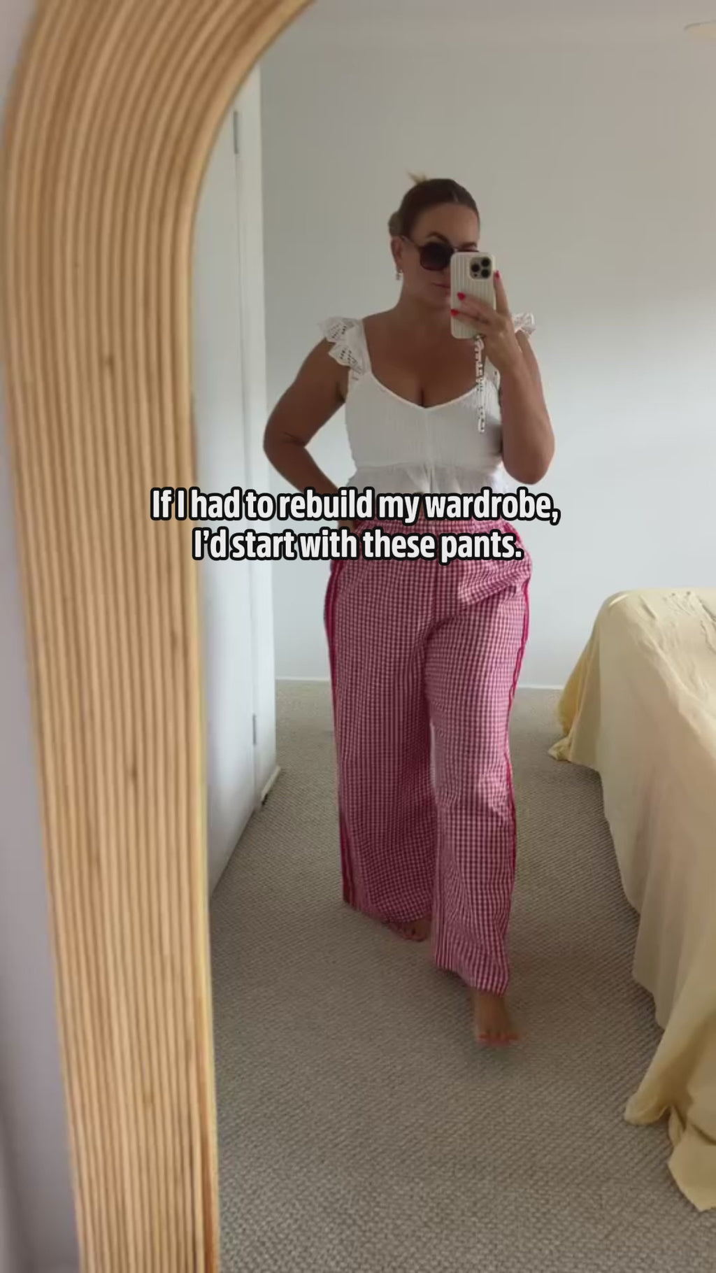Mid size woman wearing red gingham pants