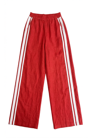 Red linen pant with white stripes down leg