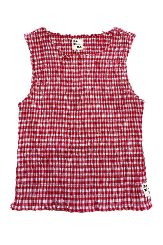 gingham shirred top on white background