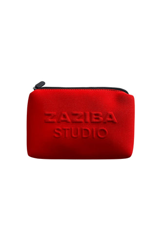 Red pouch with 'Zaziba Studio' branding on a white background