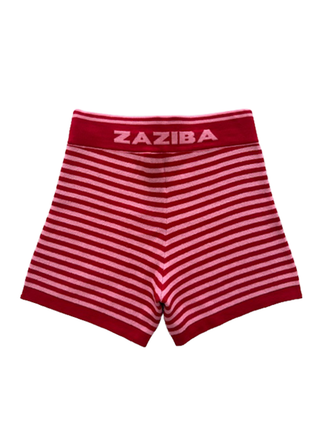 Red and white striped shorts with 'Zaziba' branding on a white background