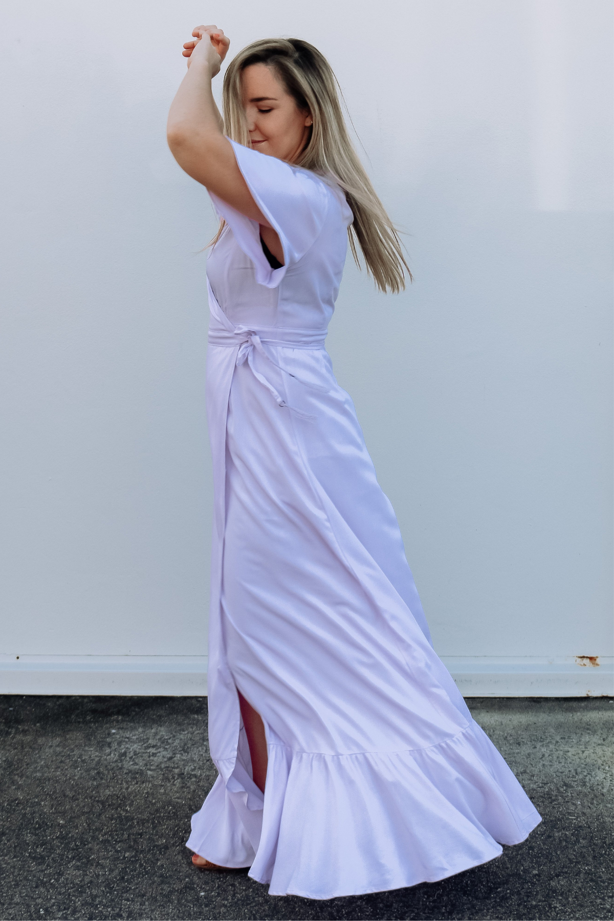 Lilac Flutter Sleeves Wrap Dress